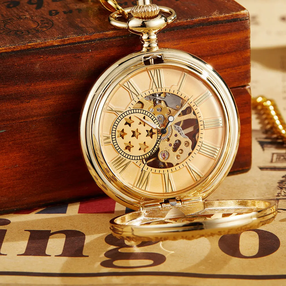 Antique Steampunk Mechanical Pocket Watch Necklace Hollow Skeleton Hand Wind Ancient Carved Fob Watch Pendant Chain Men Women
