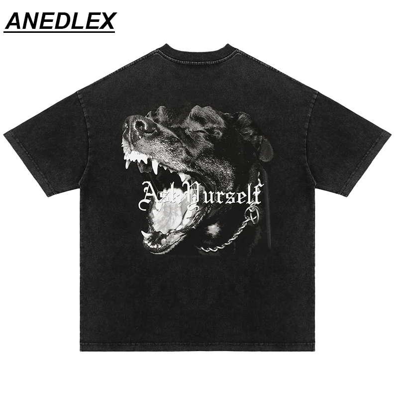 

Hip Hop Streetwear Washed Tshirt 2021 Men Dog Head Printed T Shirt Harajuku Cotton Gothic T-Shirt Summer Short Sleeve Tops Tees