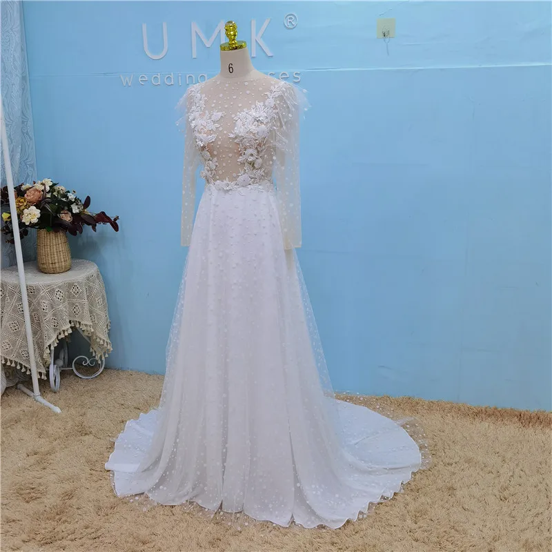 UMK Sexy Illusion Bohemia Wedding Dress Long Sleeve Dot Tulle Appliques Beading Beach Bridal Gowns | Свадьбы и торжества
