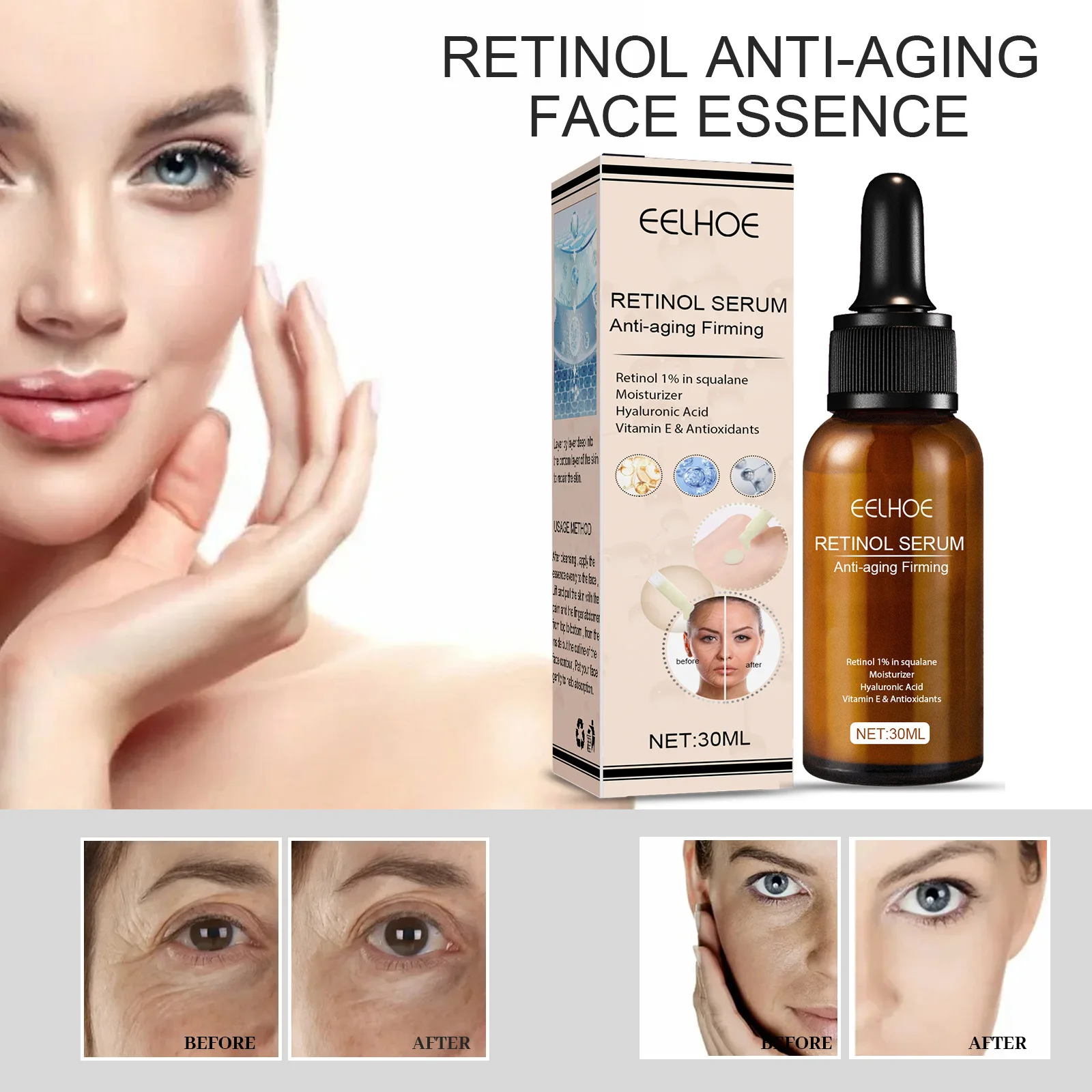 

Retinol Instant Wrinkle Removal Face Serum Anti-Aging Firming Lifting Fade Fine Lines Moisturizing Brightening Skin Care Essence