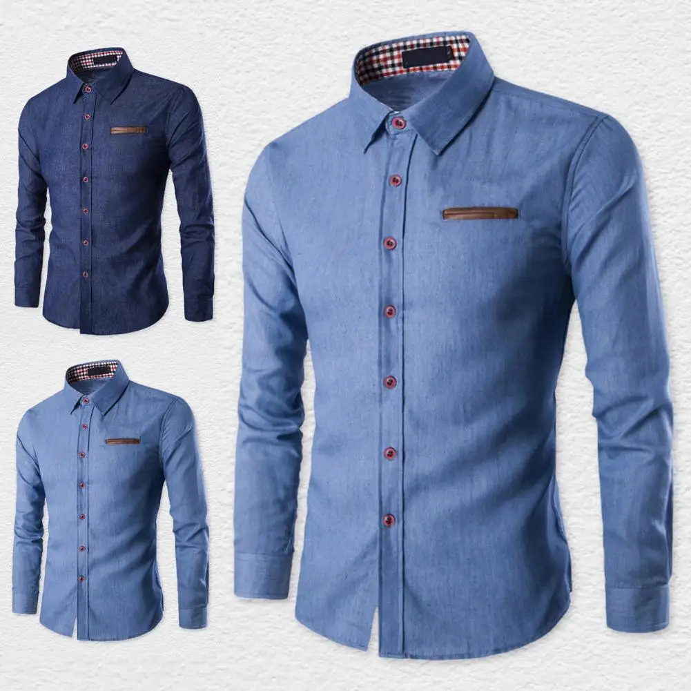 

Jeans Shirts Formal Denim Breathable Lapels Long Sleeve Tops Shirts for Commercial Stages