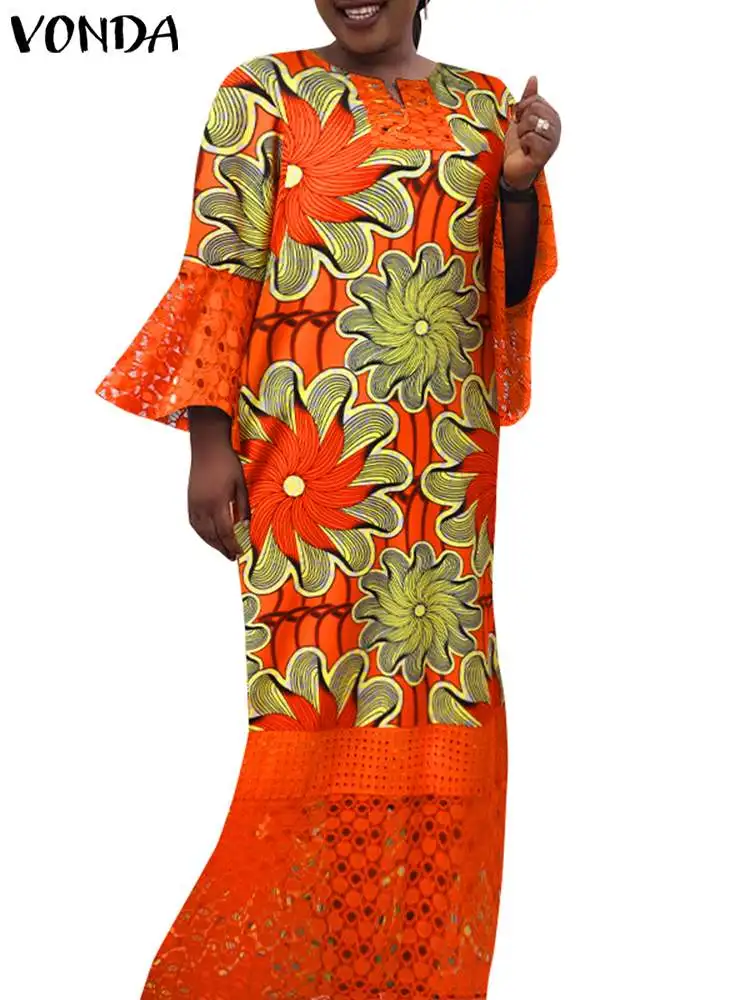 VONDA Plus Size Women 2023 Summer Dress Sexy Printed Lace Crochet Party Maxi Sundess Loose Casual Flare Sleeve Robe Femme