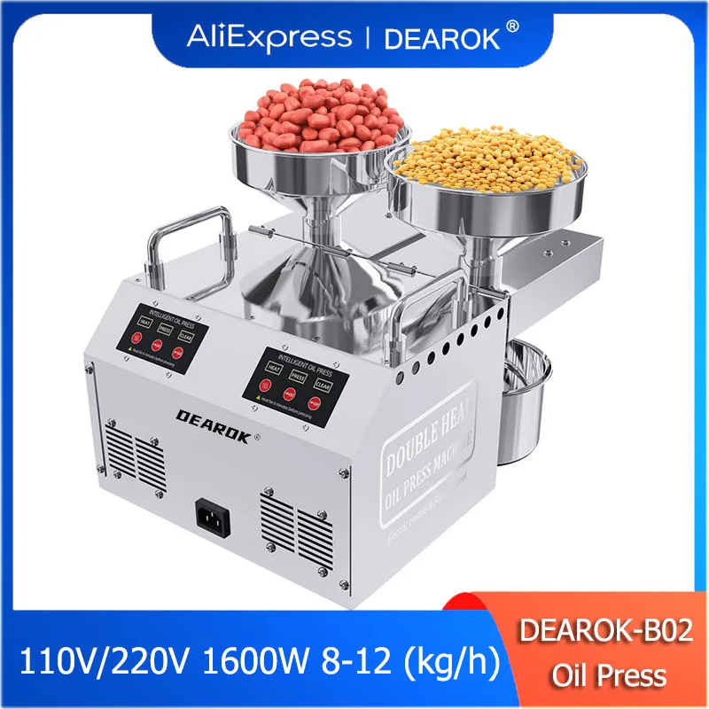 DEAROK-B02 Double Head Oil press 1600W Commercial Stainless Steel High Extraction Rate Press Flaxseed Sunflower Seed Coconut