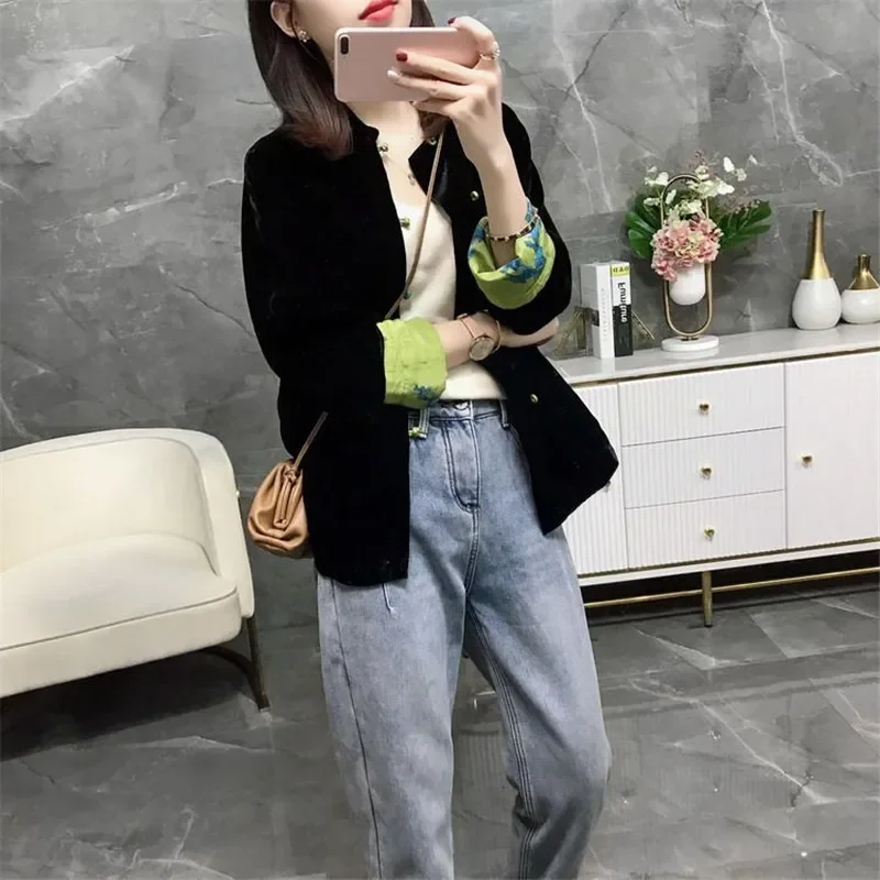 Женский бархатный блейзер в китайском стиле демисезонный контрастный черный с