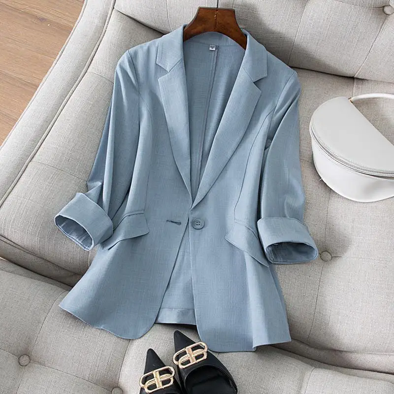 

Women's Blazers Korean Style Three-Quarter Sleeve Single Button Slim Fit Suit Elegant Office Lady Solid Color Outerwears
