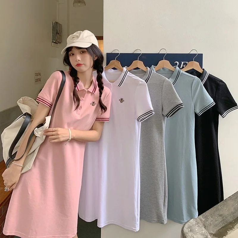 

Women's dress summer 2023 new slim POLO collar short-sleeved chic white casual T-shirt skirt ins tide bodycon dress