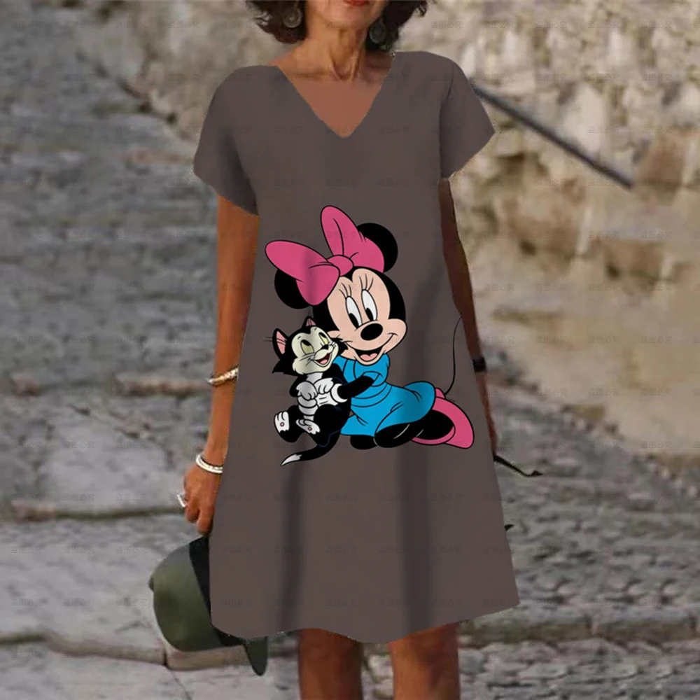 Disney Minnie Mouse Summer 3D Print Cartoon Dresses For Women 2022  V-Neck Casual Women's Beach Dress Cute Sexy Loose Beach