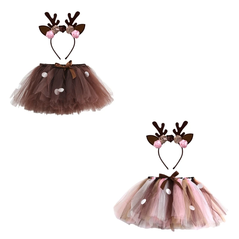 

Halloween Elk Dressing up Outfits Accessories Elk Ear Heandband and Skirt Children Elk Cosplay Costume for Girl