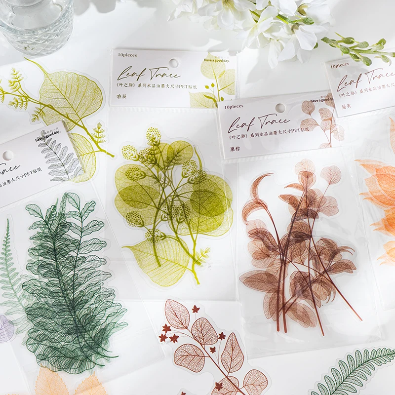 

Journamm 10pcs/pack PET Leaf Series Big Size Decor Stickers DIY Scrapbooking Collage Photo Album Waterproof Sticker Stationery