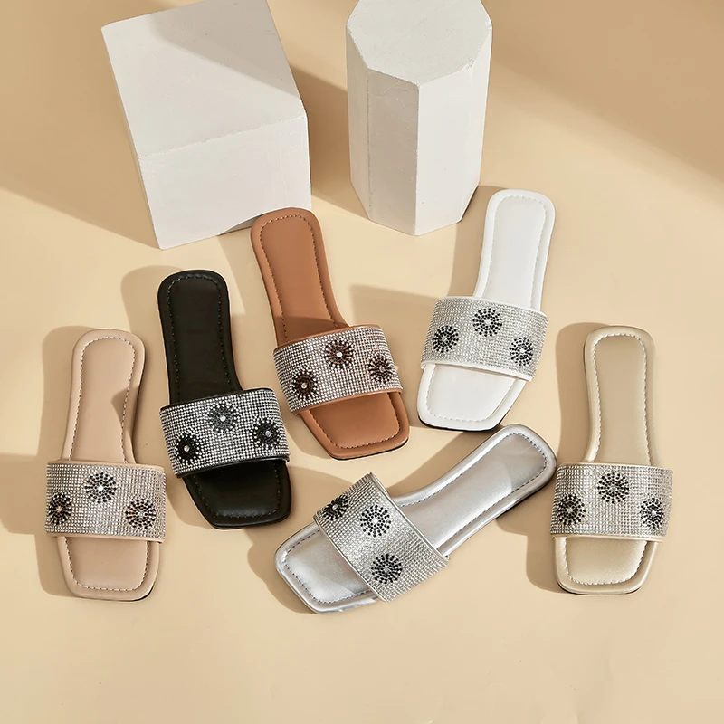 

Женские туфли на низком каблуке, простые повседневные шлепанцы с кристаллами и цветами, сандалии с открытым носком и квадратным носком, лет...