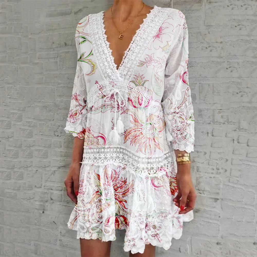 

Loose Dress Women's Spring Sexy V-neck Printed 3 / 4 Sleeve Hollow Out Sexy Mini Dresses 2022 Fashion Bandage Dress S-4XL