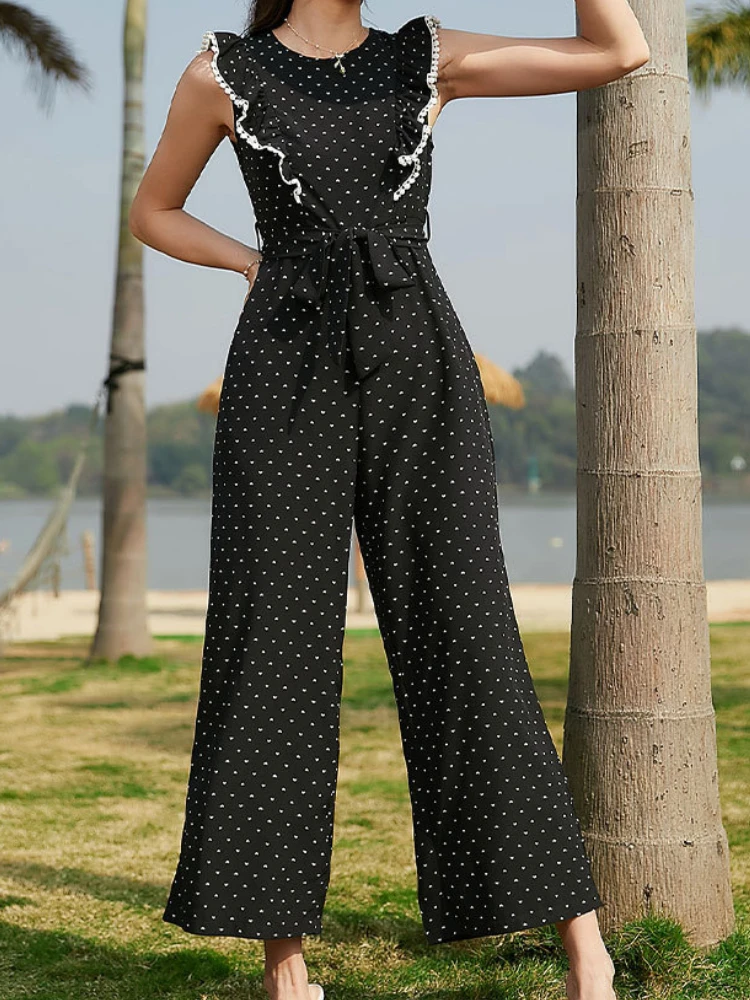 

Summer Casual Dot Elegant Playsuit Women Ruffle Flounce Sashes Temperament Jumpsuits Female Designer Slim Holiday BodySuit 2022
