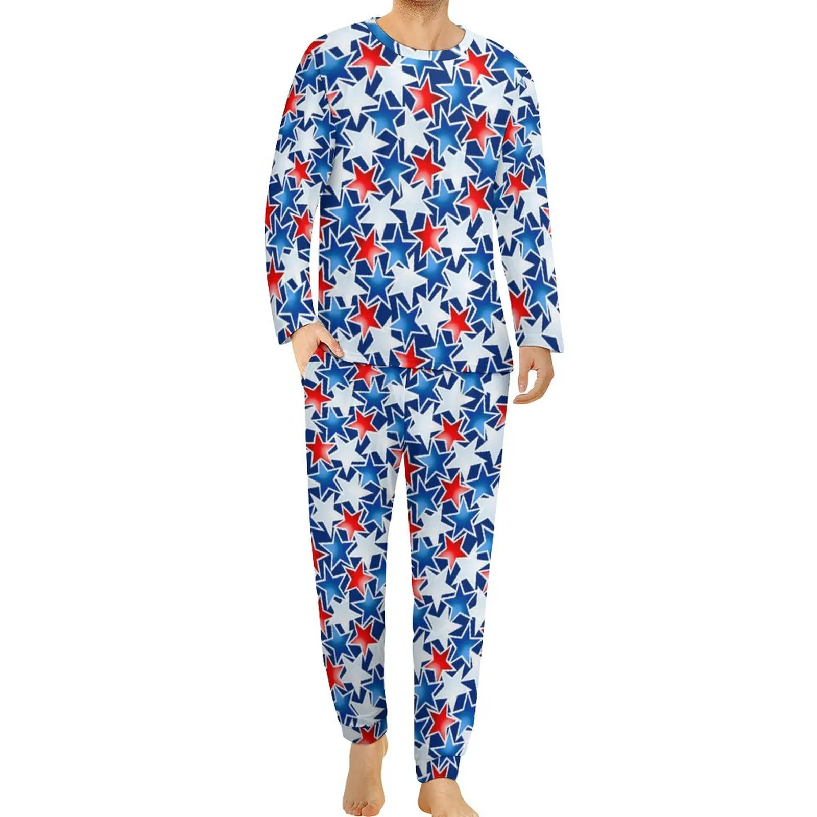 Stars Print Pajamas Spring Red White and Blue Room Sleepwear Male 2 Pieces Design Long Sleeves Elegant Big Size Pajamas Set