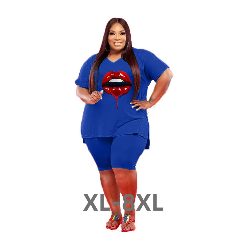 Plus Size Women Sets Green 5xl Fashion v Neck Short Sleeve Shorts Set 4xl Cartoon Lip Print Shorts Sets Womens 3xl 4xl 5xl 6xl