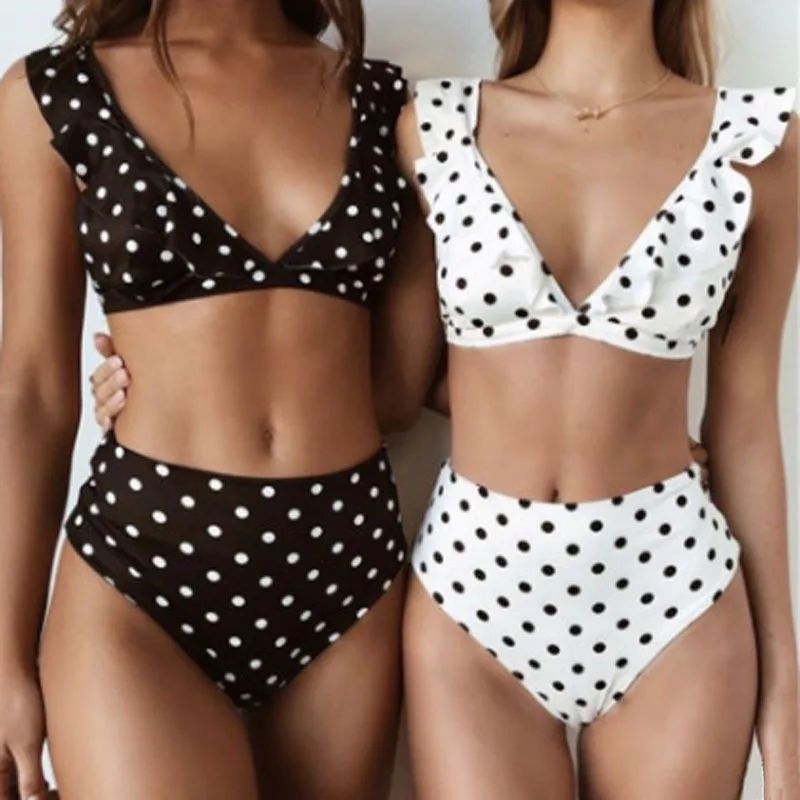 

Sexy Deep V-neck Ruffle Swimwear Biquini Black and White Swimming Suit for Women Dot Polka Swimsuit Padded Push-up Bikini Set