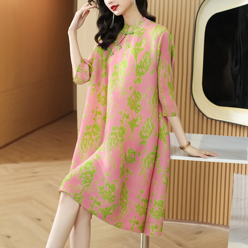 

SuperAen 2022 Stand Printing Loose Oversized Slim Retro A-LINE Casual Knee-Length Dresses for Women