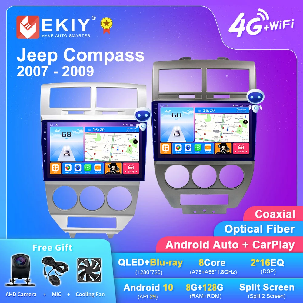 EKIY T7 QLED Android 10 Car Multimedia Player 6G+128G For Jeep Compass 2007 2008 2009 Auto Radio Stereo GPS Navi Wifi Carplay HU
