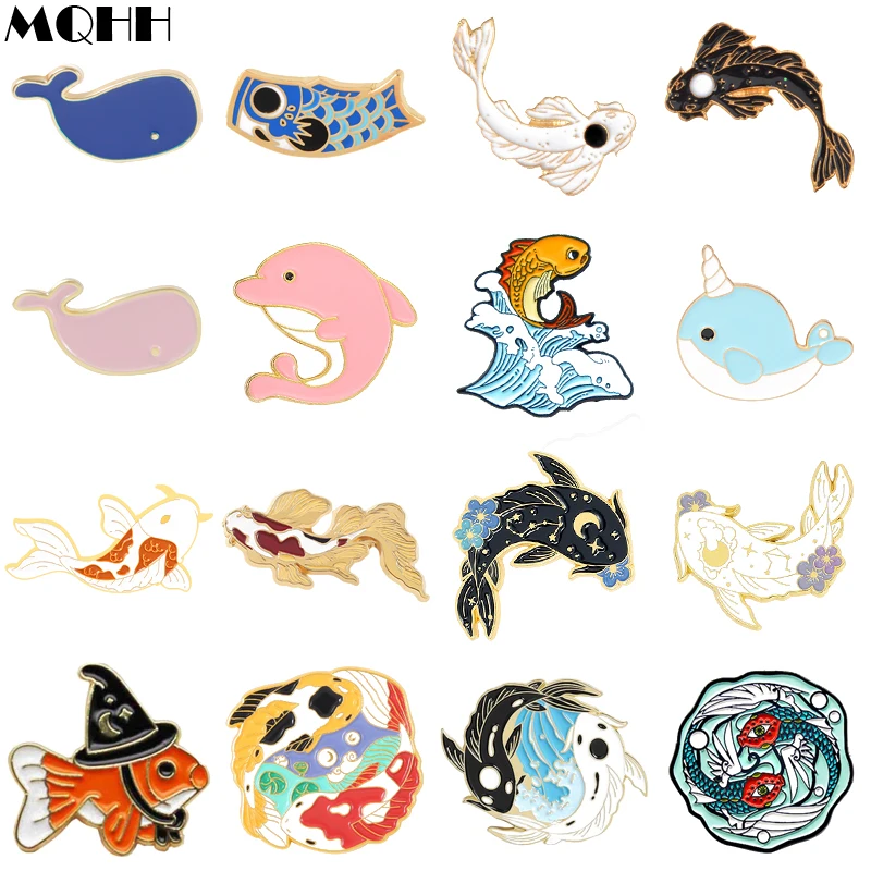 Cute Sweet Sea Life Goldfish Koi Enamel Pins Animal Dolphin Whale Set Brooch Alloy Badge Fashion Woman Jewelry Gift For Friends