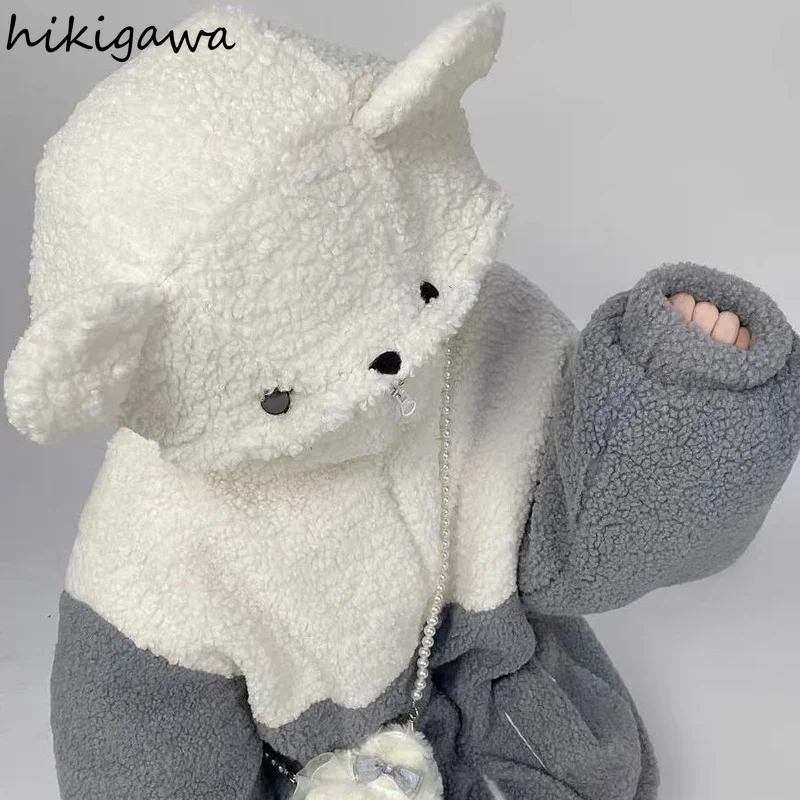 

Hikigawa Cute Bear Hoodies Women Autumn Winter Clothes Imitation Lambs Wool Hooded Tops Streetwear BF Oversized Sweatshirt 98487