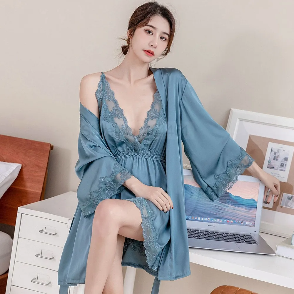 

Satin Robe Suit Kimono Bathrobe Sexy Suspender Nightdress Two-Pieces Sleep Set Women Rayon Lace Sleepwear Summer Nightwear
