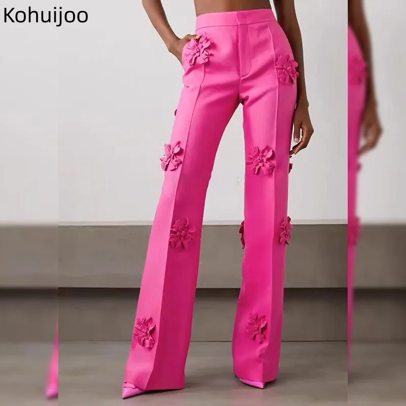 Spring 2023 Fashion Three Dimensional Flower Pants Women Heavy Flower Decoration Flare Trousers Formal Ladies Suit Pants