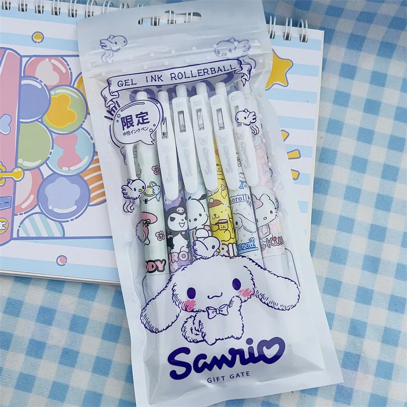 6Pcs/Set Sanrio Series Pen Hello Kitty Kuromi Melody Cartoon Print Gel Pen Kawaii Stationeries 0.5mm Press Pen Girl School Pen