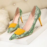 spring women green thin 7cm high heels pumps female elegant serpentine heels big size dress shoes snake print pumps