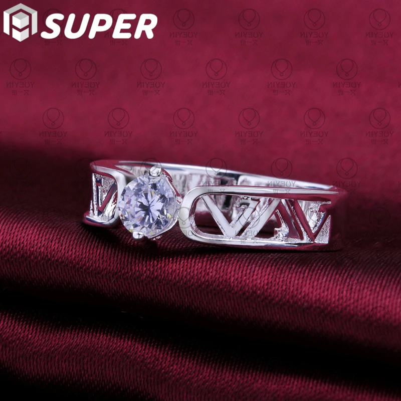 

925 Sterling Silver Round AAA Zircon Letter V Ring For Man Women Fashion Wedding Engagement Party Gift Charm Jewelry