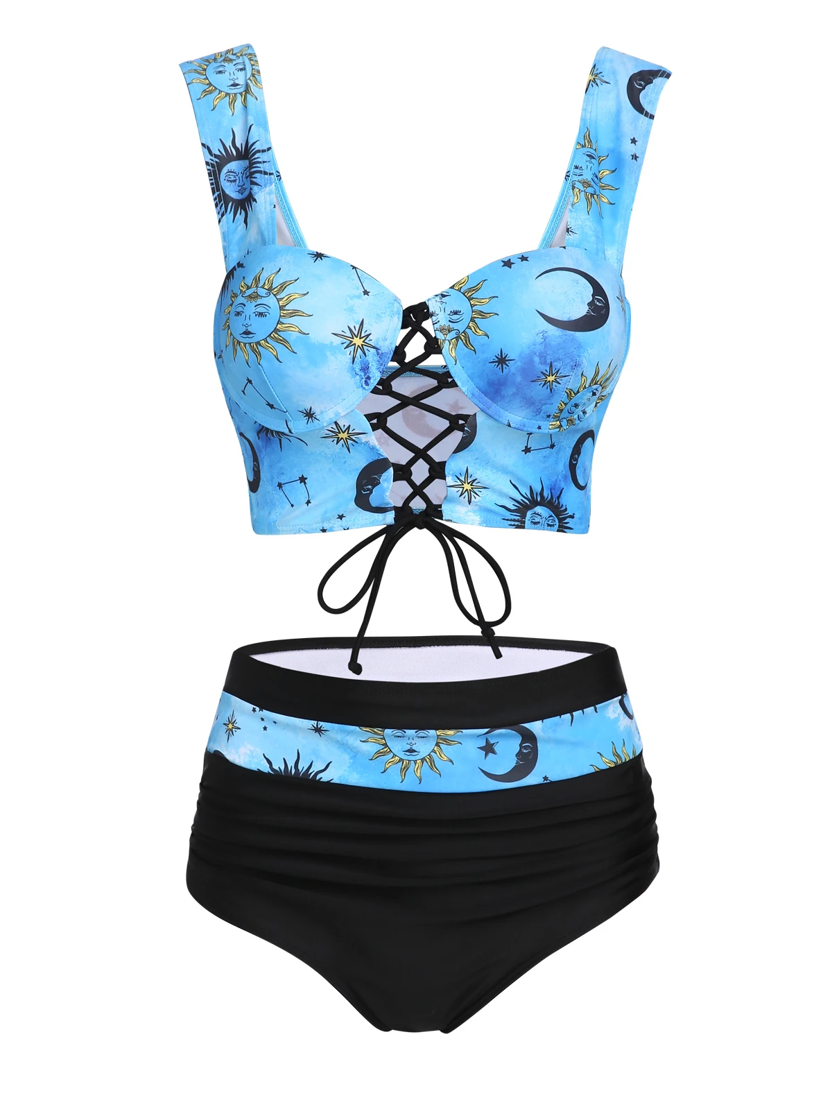 Lace Up Sun Moon Print Ruched High Waist Tankini Set Two Piece Set Corset Style Swimsuit Underwire Bikinis Set