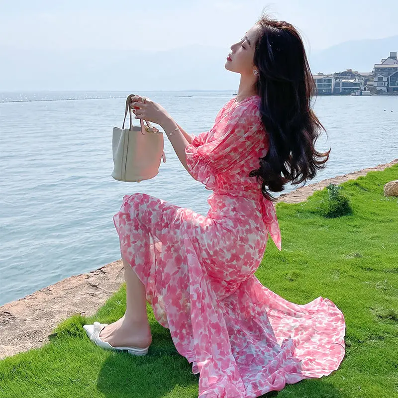 

Женское шифоновое платье с цветочным принтом, длинное облегающее платье-Русалка с коротким рукавом и V-образным вырезом, модель D18 на лето, ...