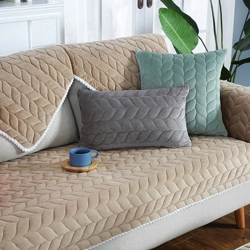

Winter Thick Plush Pet Child Cushion Sofa Cover Solid Color Non-Slip Backrest Towel Furniture Protection Cover For Living Room