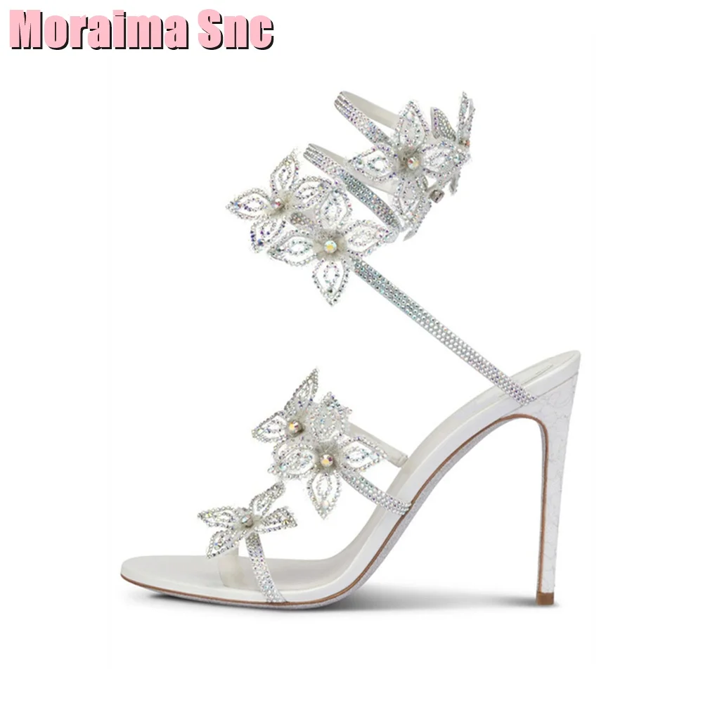 

Flower Crystal Winding Open Toe Sandals Stiletto High Heel Sexy Silver Solid Women Shoes Summer Runway Fashion 2023 New Arrivals