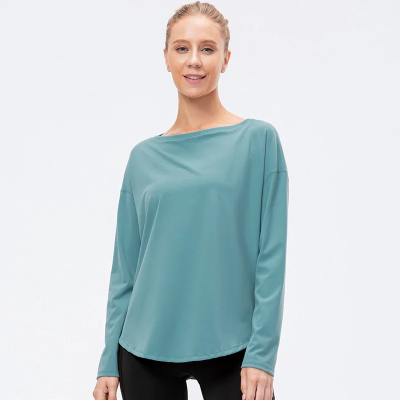 

Wmuncc Women Yoga Shirt Fitness Long Sleeve Loose Nylon + Spandex Nude Fabric Breathable Sport Tops Workout Gym Tops