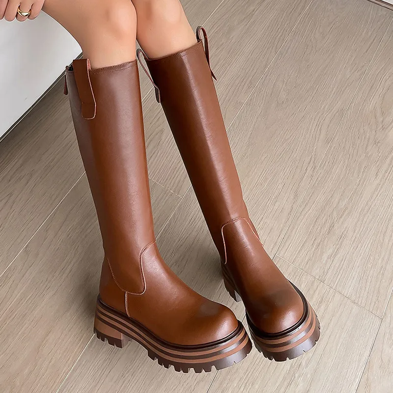 

Dilalula Thick Heels Women Knee High Boots Autumn Winter Popular Fashion Genuine Leather Back Zipper Platform Shoes Woman