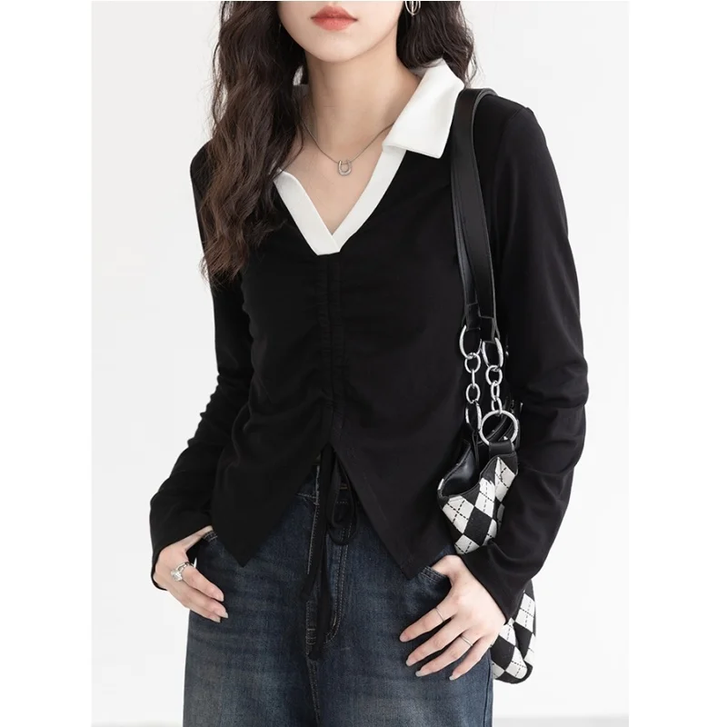 

Женская одежда, черная рубашка-поло с воротником, контрастные цвета, Модный американский винтажный уличный зимний женский пуловер с длинны...