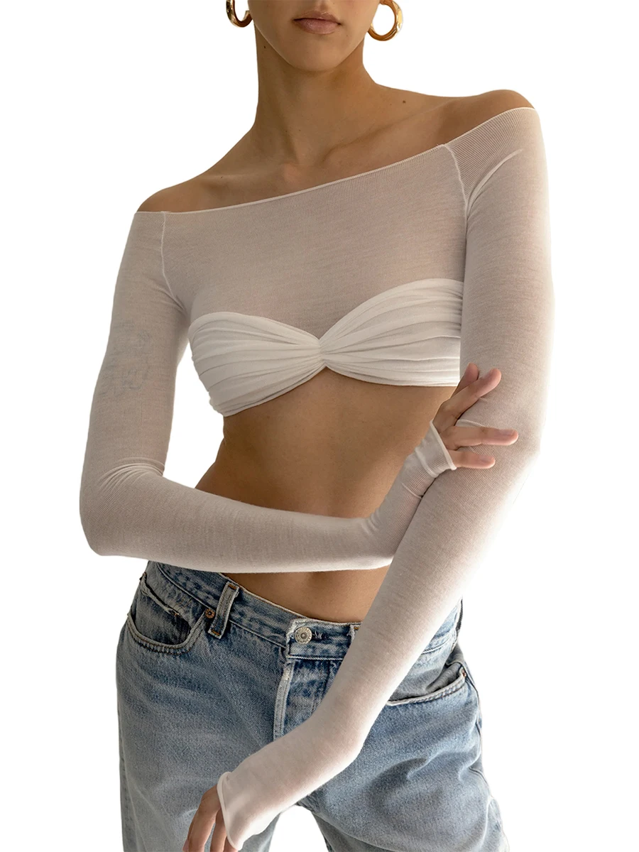 

Женский облегающий топ с открытыми плечами, с длинным рукавом