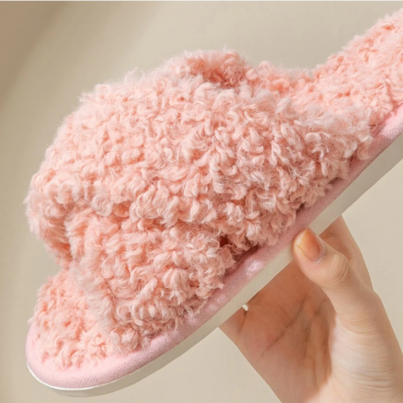 

Winter Women's Plush Cross Cotton Slippers 2023 New Home Skincare Anti Slip Solid Color Flat Bottom Plush Floor Cotton Slippers