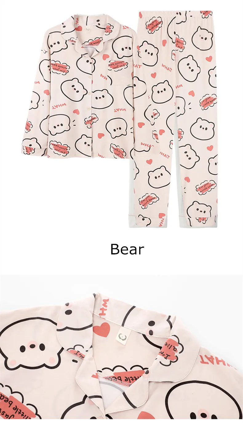 Yasuk Spring Autuum Fashion Women's Casual Print Pocket Sleepwear Homewear Cute Lovely Pajamas With Pants Soft Many Bear