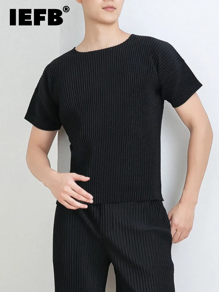 

IEFB Pleats Loose Slim Pure Color Korean Style Men's Casual T-shirt 2022 New Round Neck Fashionable Short-sleeved 9A1766
