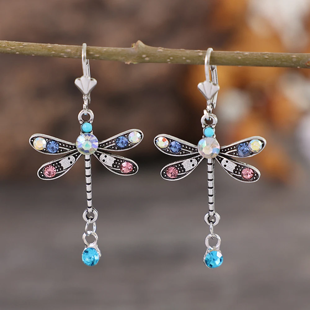 

Bohemian Alloy Colorful Zirconia Dragonfly Earrings for Women Vintage Long Pendant Earrings Unique and Unusual Designer Jewelry