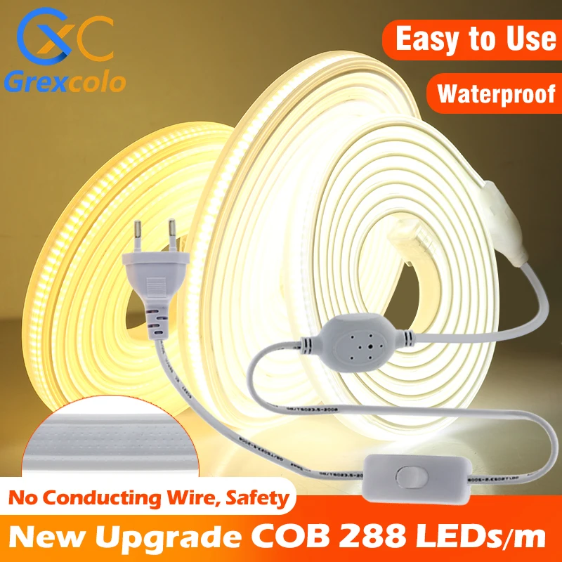 220V LED Streifen Super Helle COB LED Licht Hohe Sicherheit 288LEDs/m Flexible COB Licht Bar Im Freien wasserdicht LED Streifen Licht + Stecker