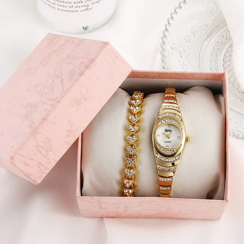 2PCS Fashion Trend Business Versatile Luxury Full CZ Set Elegant Quartz Watch Set Diamond Bracelet Set