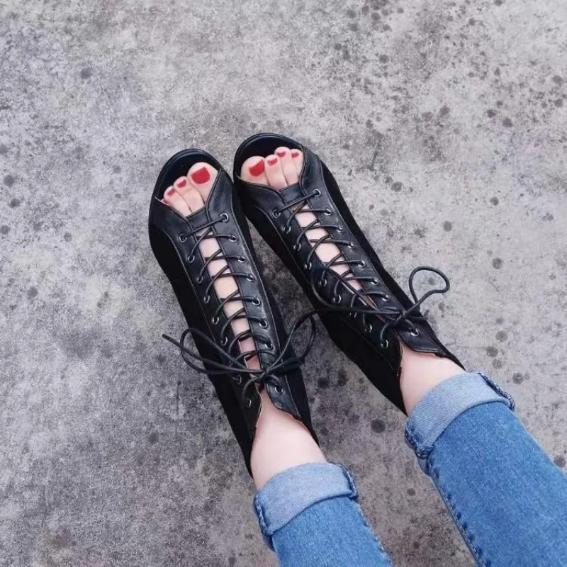 Fish Mouth Strappy Heels Roman Open Toe Gladiator Sandals Women 2023 Summer Fashion Lace-Up Ankle Boots Sandalias Femininas