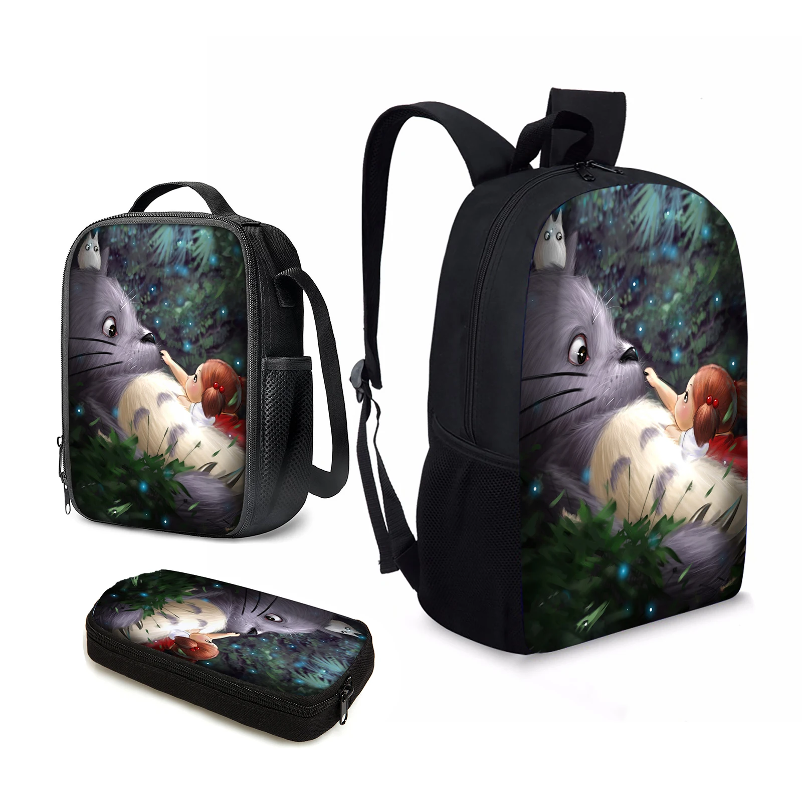 

YIKELUO Cute Cartoon Anime Totoro Print Youth Casual Backpack With Zip Student Textbook Knapsack Insulated Lunch Bag Pencil Case