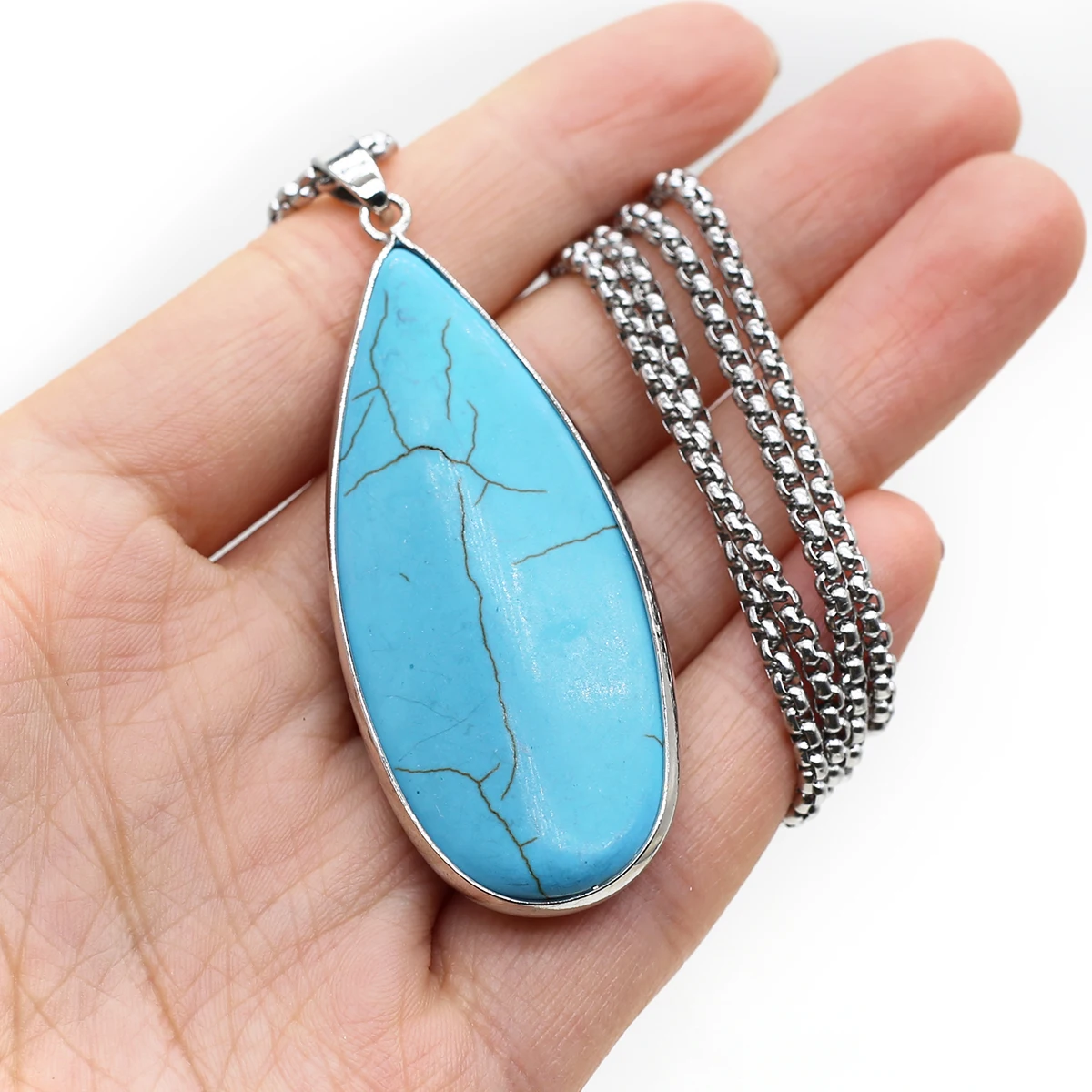 

Fashion Natural Stone Pendant Necklace Blue Turquoise Link Chains Healing Crystals Stone Necklaces For Women Party 25X60mm