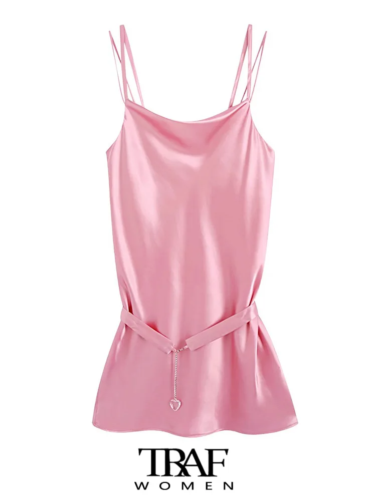 

TRAF Women Fashion With Belt Satin Mini Camisole Dress Vintage Backless Thin Straps Female Dresses Vestidos Mujer
