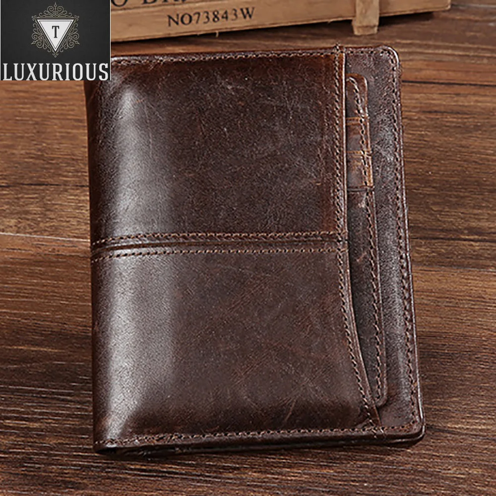 

Oil Wax Cowhide Genuine Leather Men Bifold Wallet Coin Pocket ID/Credit Card Holder Clutch Mini Money Bag Luxury Short Purse New