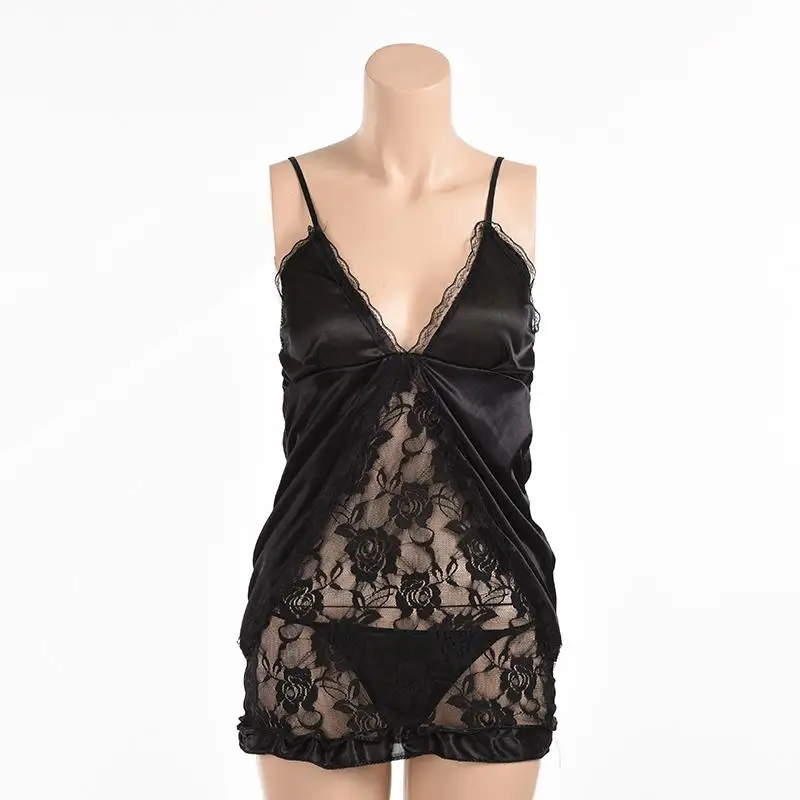

Adult Black Sexy Lingerie Lace Dress + G-string Set Women's Sexy Toy Uniform Cleavage Sleepwear Lace Nightgown Lingerie