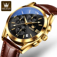 olevs pu strap waterproof men wristwatch multifunctional three eye six hand quartz sport watch for men luminous chronograph