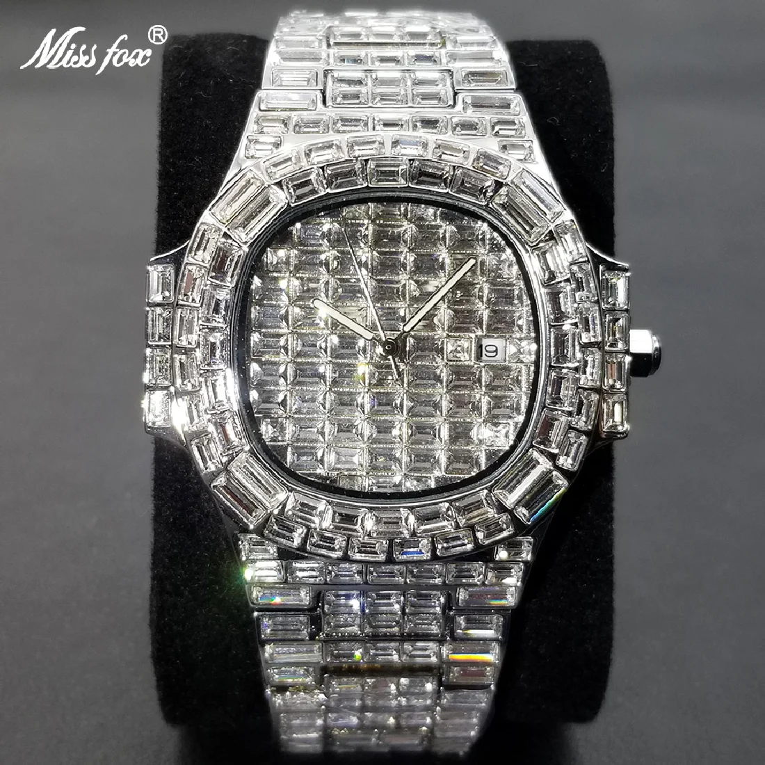 

MISSFOX New Ice Out Watches For Men Top Brand Stainless Steel Automaitc Date Clock Fashion Hip Hop Full Diamond Bling Watch Male
